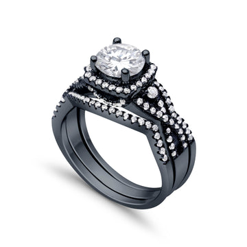 Halo Engagement Ring Three Piece Black Tone Cubic Zirconia 925 Sterling Silver Wholesale